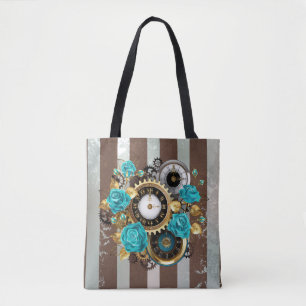 Tote Bag Steampunk Clock and Turquoise Roses on Striped
