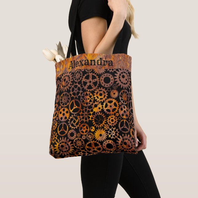 Tote Bag Steampunk Super Colorée Rousty Gears Nom personnal (De près)