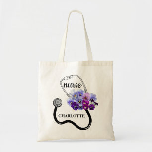 Tote Bag Stéthoscope infirmière fleur bleue de pensée