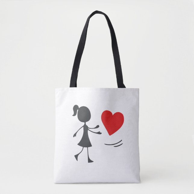 Tote Bag Stick Figure Girl Catching Heart Graphic Tee (Devant)