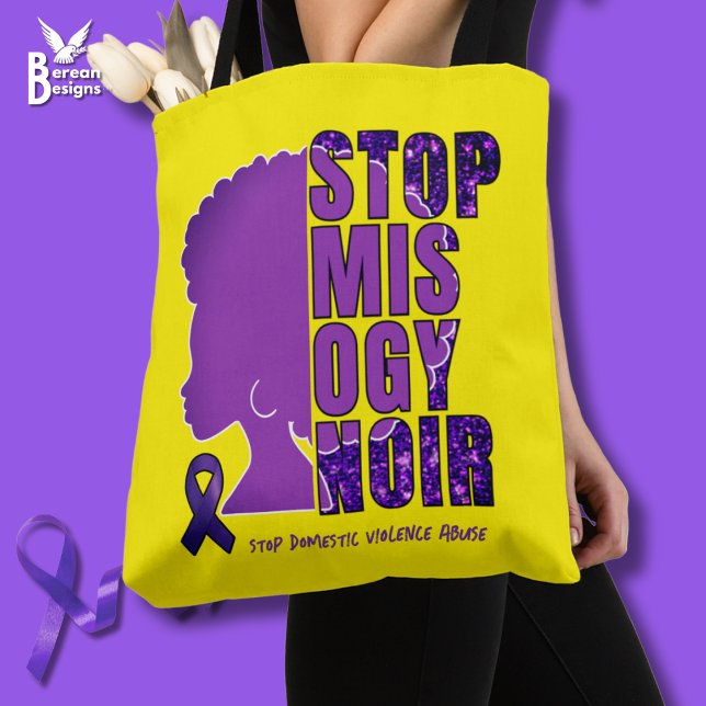 Tote Bag STOP MISOGYNOIR Sensibilisation à la violence dome (Yellow STOP MISOGYNOIR Tote Bag to raise awareness of  DVA and anti-Black women hatred. Custom text)