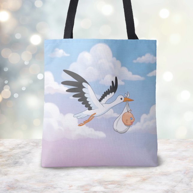 Tote Bag Stork Carrying a Baby Cloudy Sky (Créateur téléchargé)