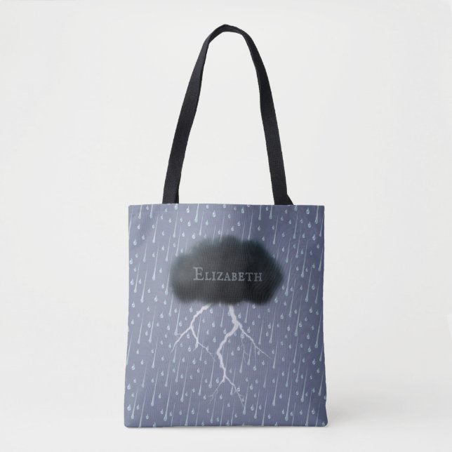 Tote Bag Stormy Day Thunder Cloud & pluie Customisé Bleu (Devant)