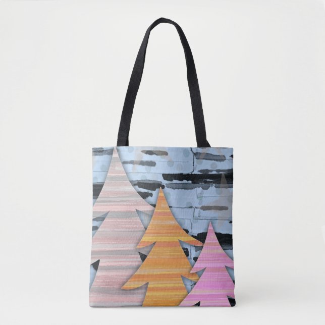 Tote Bag Striped Trees Winter Landscape Scene  (Devant)