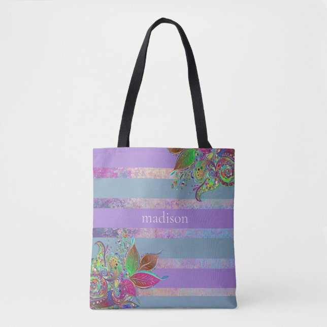 Tote Bag Stripes et fleurs Fourre-tout personnalisée (Devant)