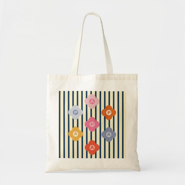 Tote Bag Stripes florales initiales personnalisées Multicol (Devant)