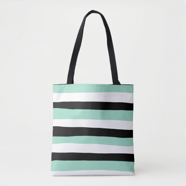 Tote Bag Stripes inégales - Mint vert, blanc et noir (Devant)