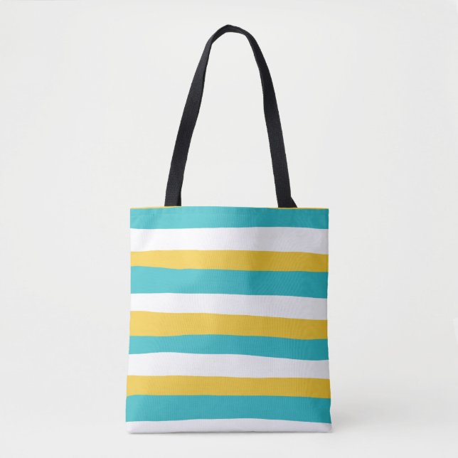 Tote Bag Stripes inégales - Turquoise et Jaune (Devant)