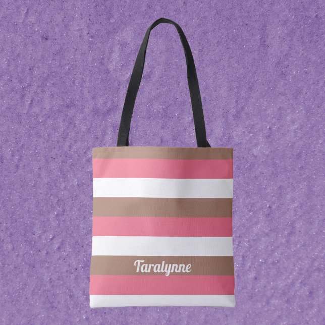 Tote Bag Stripes Mocha Brown rose blanc Personnaliser (A tote bag with pink, brown and white pattern with text you can customize!)