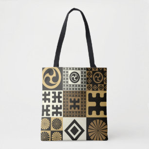 Tote Bag Style japonais, or noir sans couture motif.