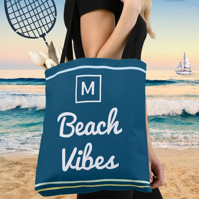 Tote Bag Stylé Monogrammé Blue Beach Vibes (A nautical tote bag in blue with monogram and stripes, and 'Beach Vibes' in script typography)