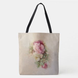 Tote Bag Style peint à la main Roses Vintages rose et blan
