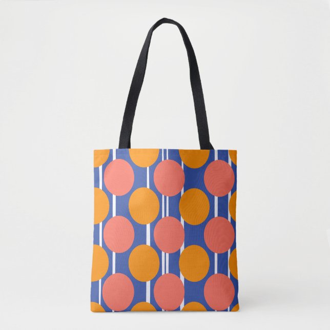 Tote Bag Style Rétro Milieu de Siècle Orange Bleu à Points (Devant)