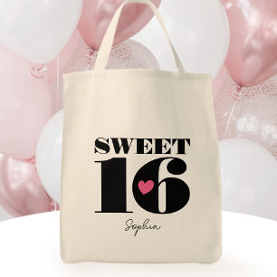 Tote Bag Style Retro Typographie Sweet sixteen noir rose