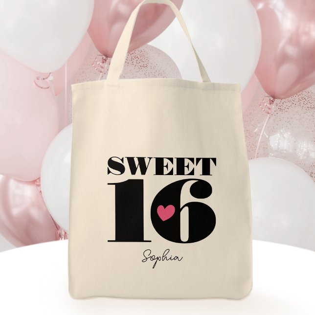 Tote Bag Style Retro Typographie Sweet sixteen noir rose (Créateur téléchargé)