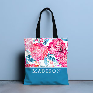 Tote Bag Style rose floral motif chic Nom personnalisé