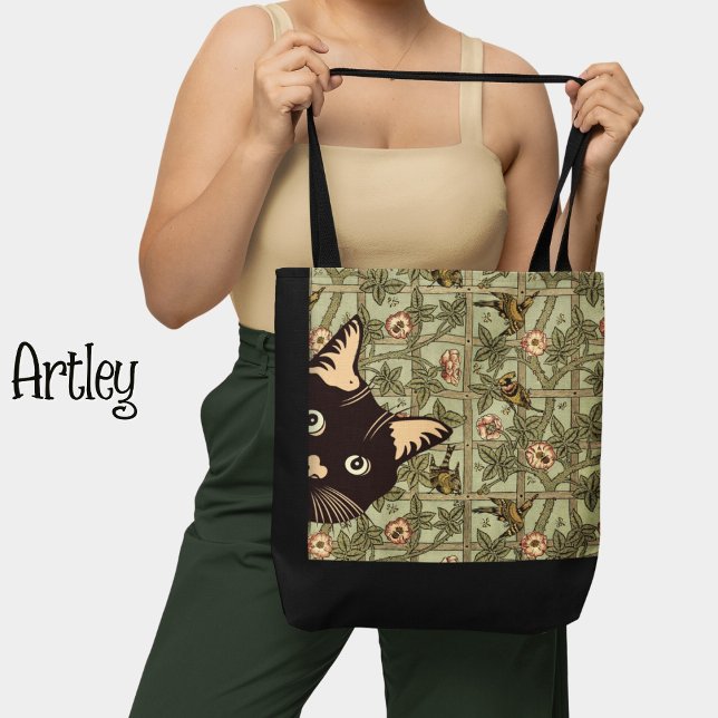 Tote Bag Style vintage Art Nouveau Funny Peeking Cat Birds (Créateur téléchargé)