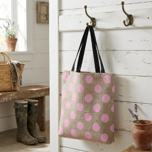 Tote Bag Style Vintage Points Roses sur Toile de Jute