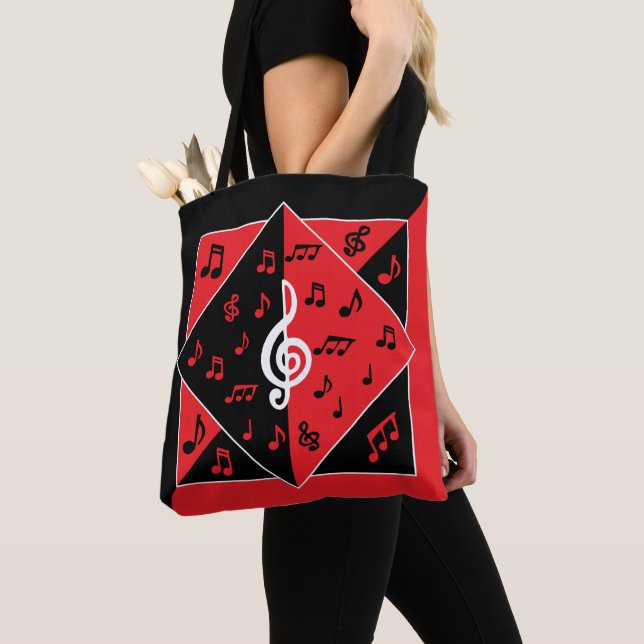 Tote Bag Stylish Art déco Music Notes Red White (De près)