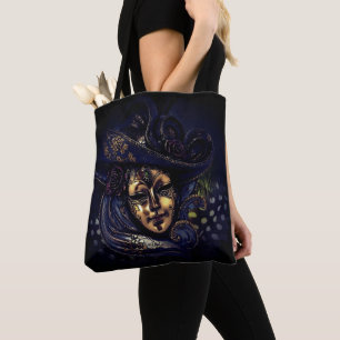 Tote Bag Stylish Blue Gold Venetival Carnival Mask