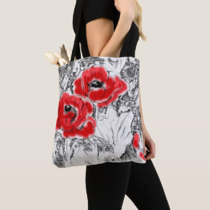 Tote Bag Stylo dessiné à la main des pavots rouges fleurs f