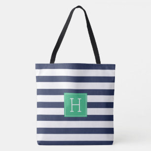 Tote Bag Stylo Navy Bleu Stripes et Monogramme Vert