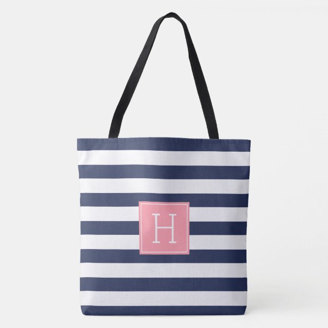 Tote Bag Stylo Navy Blue Stripes et Monogramme de corail (Devant)