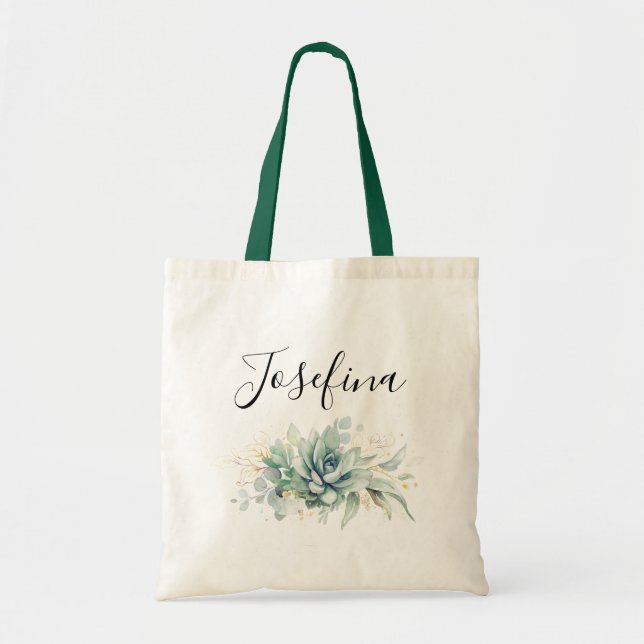 Tote Bag Succulentes et feuillage doré Nom élégant en écrit (Devant)