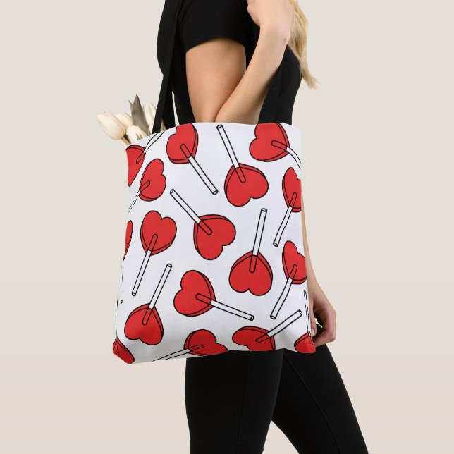 Tote Bag Sucettes rouges, sucettes en forme de cœur, motif  (De près)