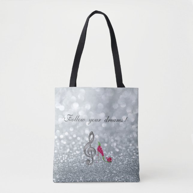 Tote Bag Suivez vos rêves, Glitterie, Talons, Clé Violine (Devant)