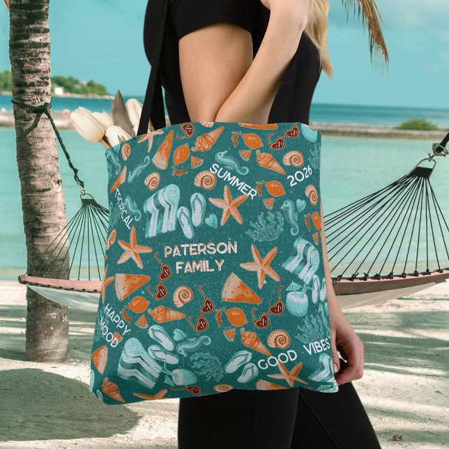 Tote Bag Summer Beach Vibes Family Trip Retro Teal Custom (Créateur téléchargé)