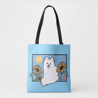 Tote Bag Summer Happy Spitz Dog assis avec des tournesols