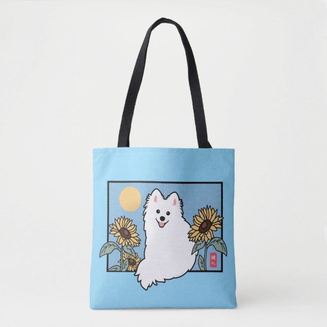 Tote Bag Summer Happy Spitz Dog assis avec des tournesols (Devant)