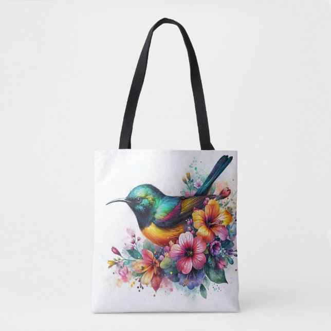 Tote Bag Sunbird Watercolor Floral Art (Devant)