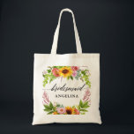 Tote Bag Sunflower Boho Floral Calligraphie Bridesmaid<br><div class="desc">Script de calligraphie moderne,  aquarelle Sunflower Boho Floral avec Roses,  pivoines et verdure Mariage Sac fourre-tout Bridesmaid</div>