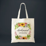 Tote Bag Sunflower Boho Floral Calligraphie Bridesmaid<br><div class="desc">Script de calligraphie moderne,  aquarelle Sunflower Boho Floral avec Roses,  pivoines et verdure Mariage Sac fourre-tout Bridesmaid</div>