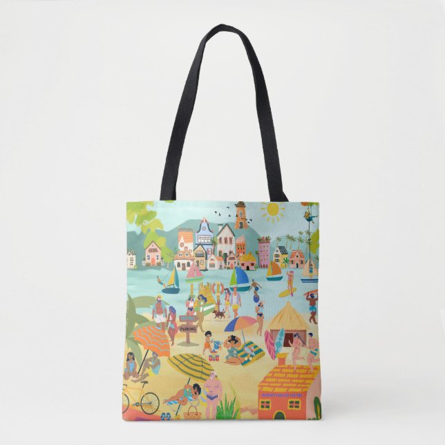 Tote Bag Sunny Beach Town Avec Happy Vacation Tourist (Devant)