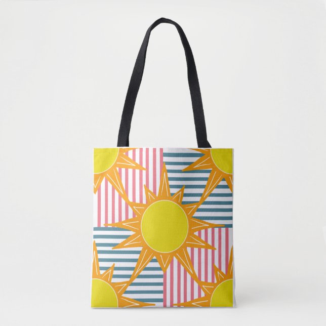 Tote Bag Sunny orange soleils blanc turquoise rose rayures (Devant)