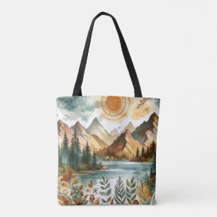 Tote Bag Sunny Rustique Boho Nature Motif Mountain Lake