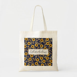 Tote Bag Sunny Yellow Gold Navy Feuille Motif