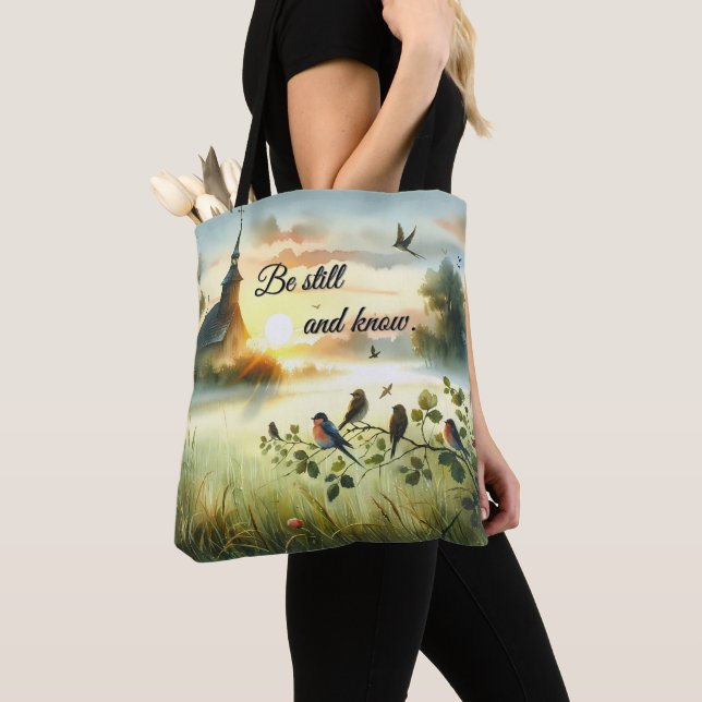 Tote Bag Sunrise Church with Birds in Misty Meadow (De près)