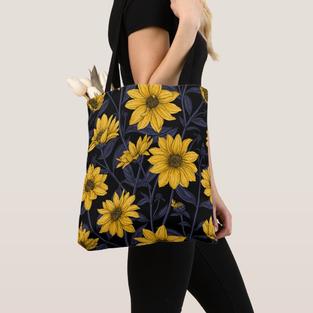 Tote Bag Sunroot, tournesol sauvage en jaune et bleu (De près)