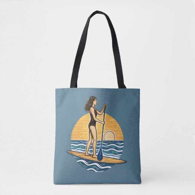 Tote Bag SUP Sunset Beach Paddleboard Blue Coastal Graphic (Devant)