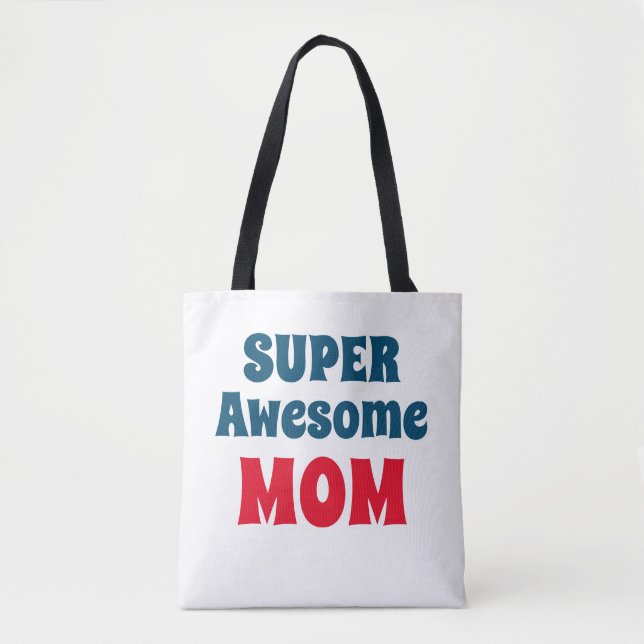 Tote Bag Super Awesome Maman Citer Typographie Rouge et Ble (Devant)