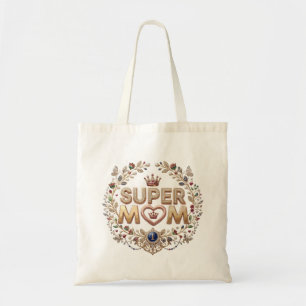 Tote Bag Super Maman Couronne Florale Élégante Badge Or