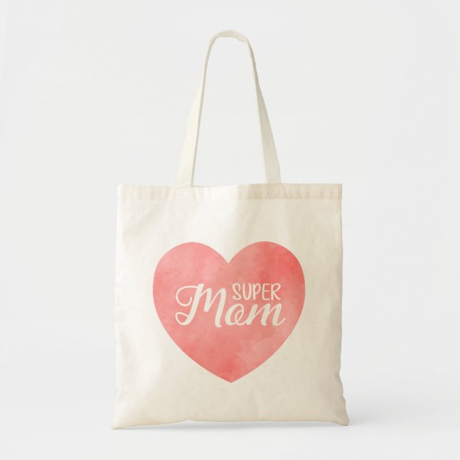 Tote Bag Super maman dans l'aquarelle rose coeur, jour de l (Devant)