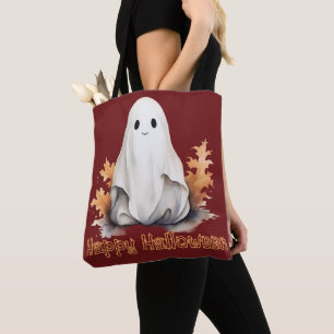 Tote Bag Super mignon fantôme laisse l'automne rouge Joyeux