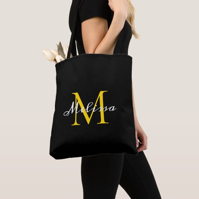 Tote Bag Superbe Monogramme d'or noir Nom du script (De près)