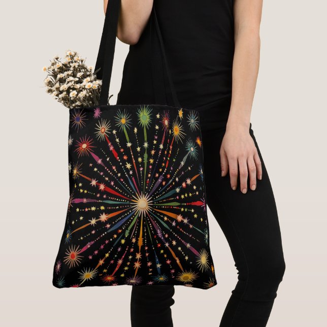 Tote Bag Supernova - Rainbow Stars Galaxy Black Retro Boho (De près)