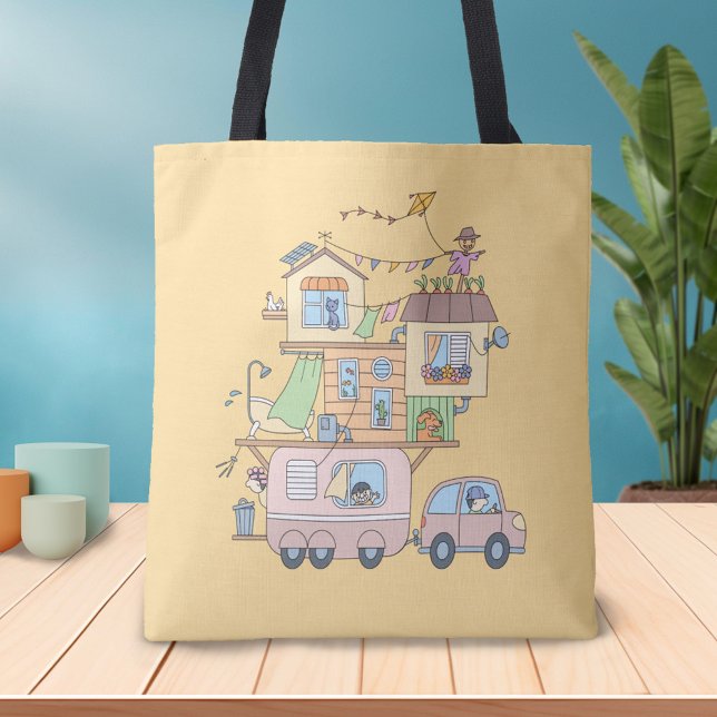 Tote Bag Sur la route Famille Camping Trailer sur Jaune (Créateur téléchargé)